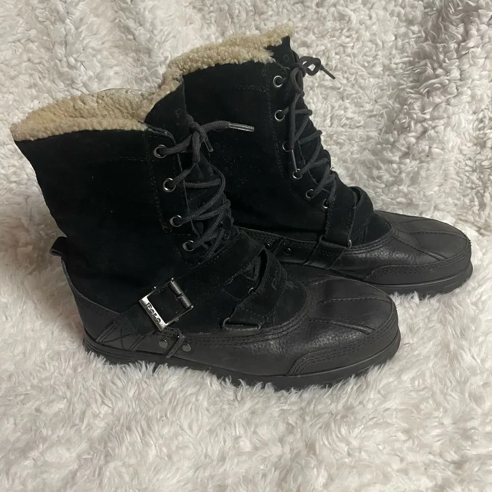 Polo Ralph Lauren Tavin Rollover Black Shearling lace up Boots Men’s SZ10D